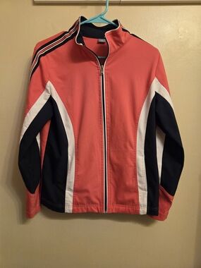 Sporty Zip Up Track Jacket Pink Navy White Colorblock Striped Preppy Size Medium